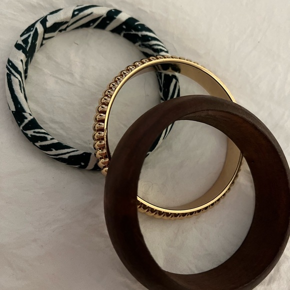 Set of 3 Plunder bracelets solid wood bracelet Gold Bangle fabric wrap bracelet - Picture 3 of 5